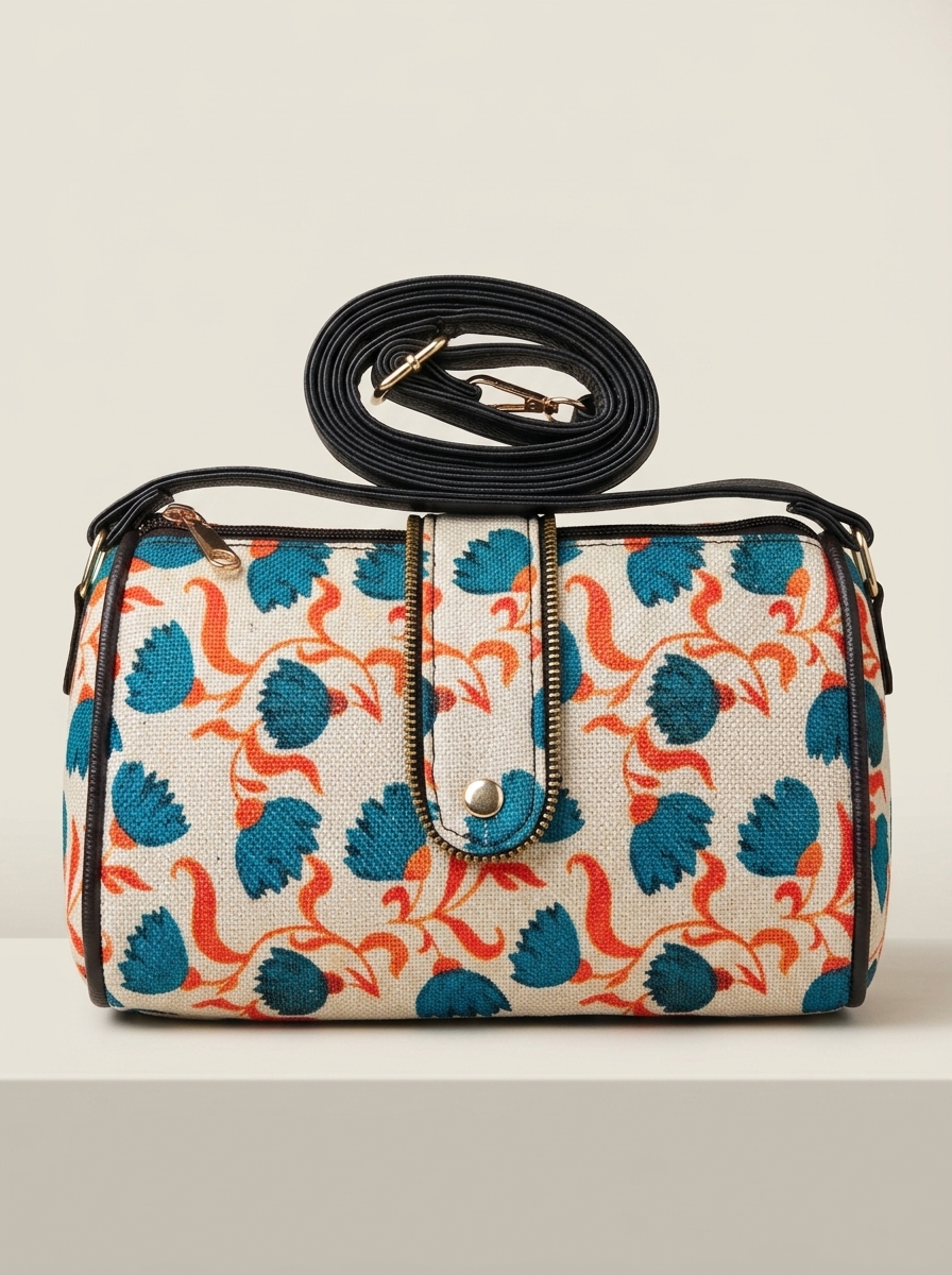 Jaipur Teal & Orange Floral Cylindrical Bag