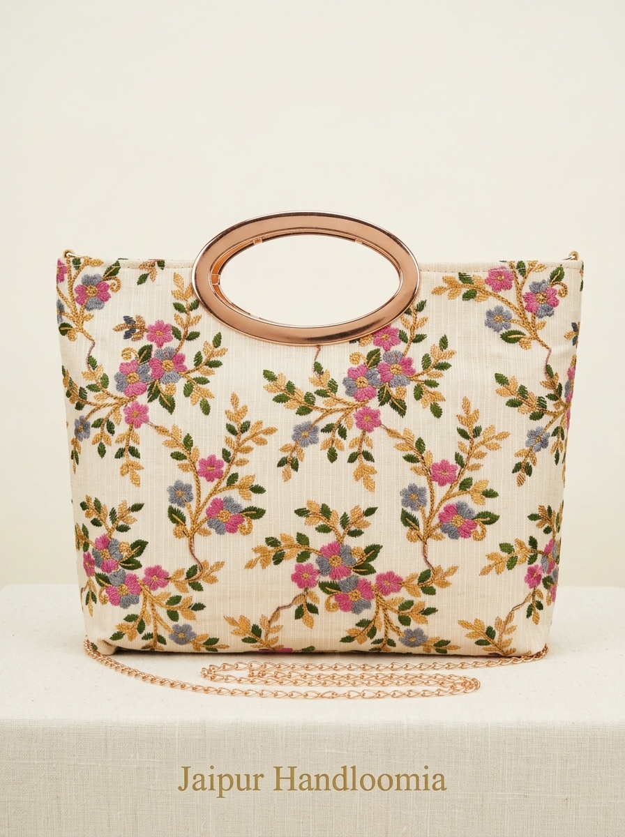 Saffron Blossom Embroidered Handbag with Metallic Handle